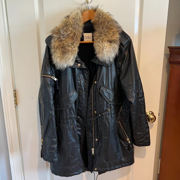 SAM Jackets & Blazers - SAM. Hudson Waxed Canvas Long Coat Black Parka with Genuine Fur Trim Sz L